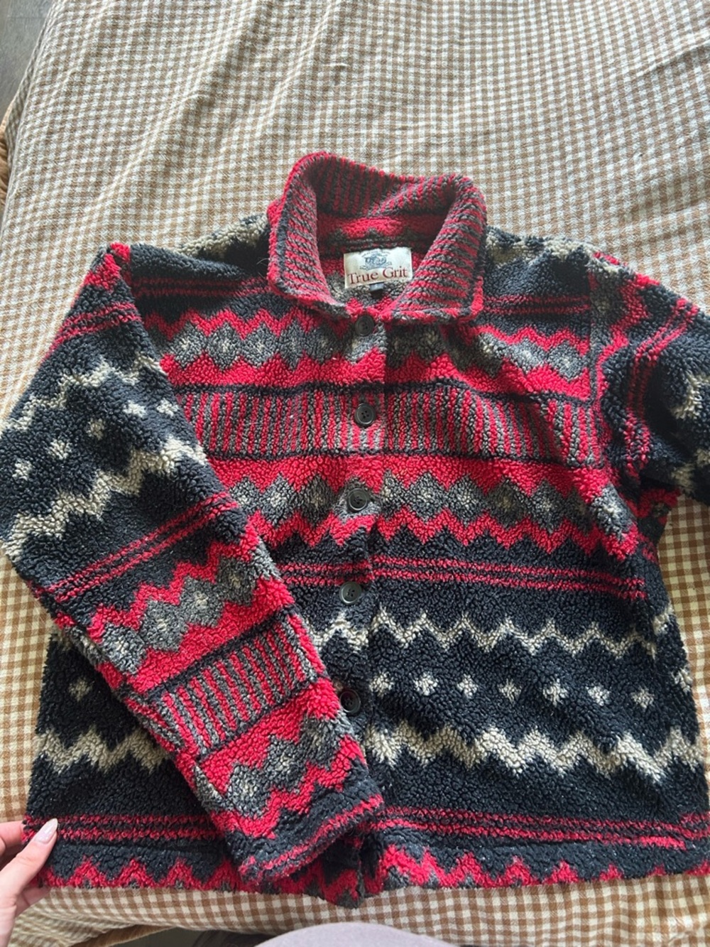 True Grit  Red and Black Patterned Button-Up Sweater